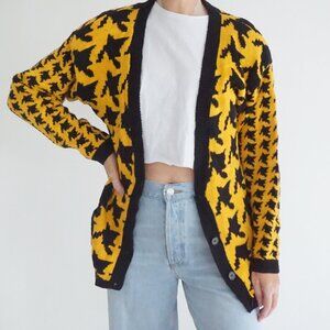 Vintage Weathervane Yellow Black Houndstooth Button Front Knit Cardigan M